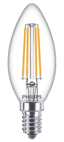 PHILIPS svečveida LED spuldze 6,5W 806lm 827 E14 caurspīdīga