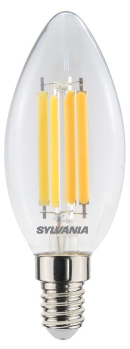 SYLVANIA svečveida LED spuldze 6,0W 806lm 827 E14 caurspīdīga