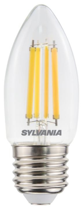 SYLVANIA svečveida LED spuldze 6,0W 806lm 827 E27 caurspīdīga