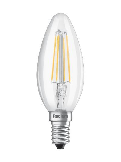 RADIUM svečveida LED spuldze 4.5W 470lm (40W) 827 E14 ar caurspīdīgu stiklu dimmējama