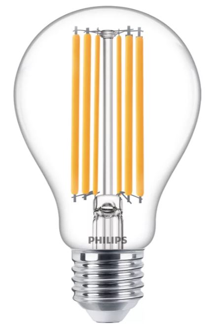 PHILIPS LED spuldze 13W 2000lm 2700K silti balta E27 caurspīdīga ar kvēldiega imitāciju