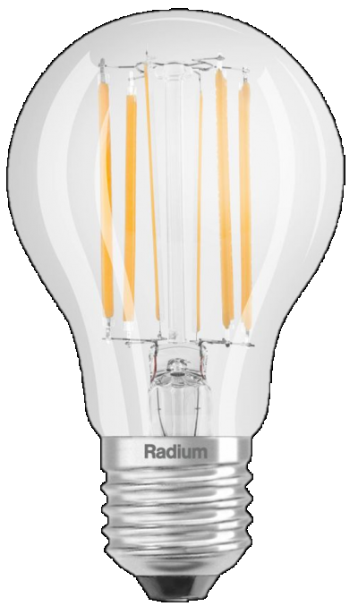 RADIUM LED spuldze E27 7,8W 1055lm 2700K silti balta caurspīdīga filament klasiska