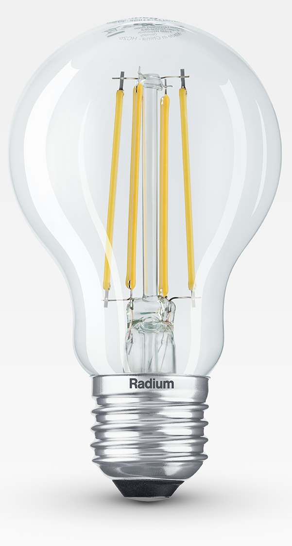 RADIUM LED spuldze E27 5,9W  806lm 2700K silti balta caurspīdīga filament klasiska ar CRI90